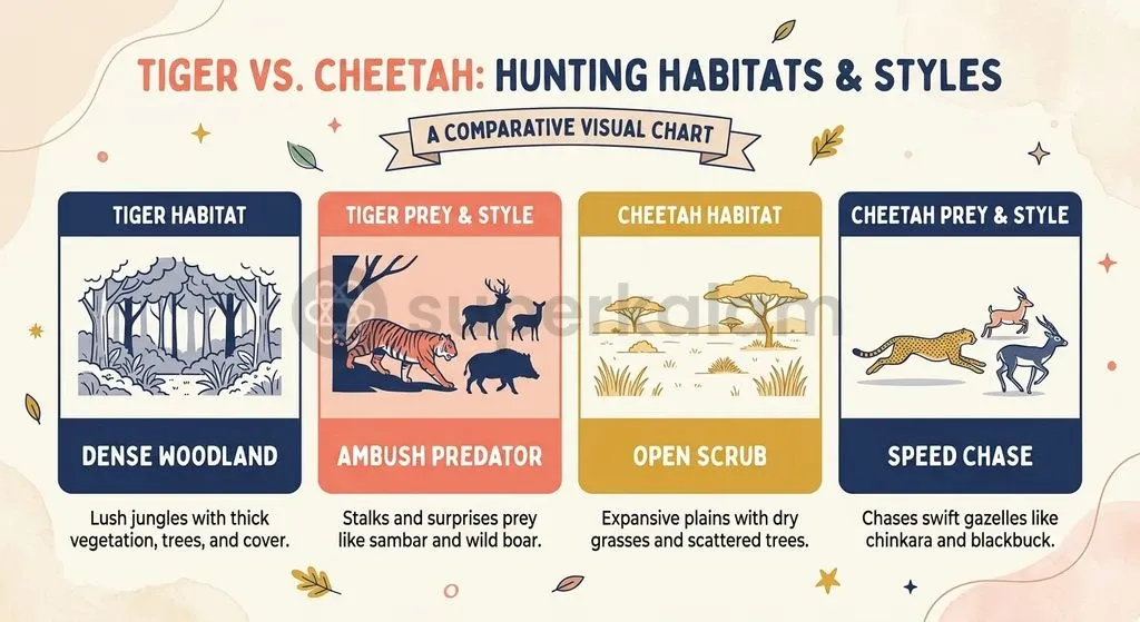 Contrasting ecological niches highlight the management friction between grassland-hunting cheetahs and forest-dwelling tigers.
