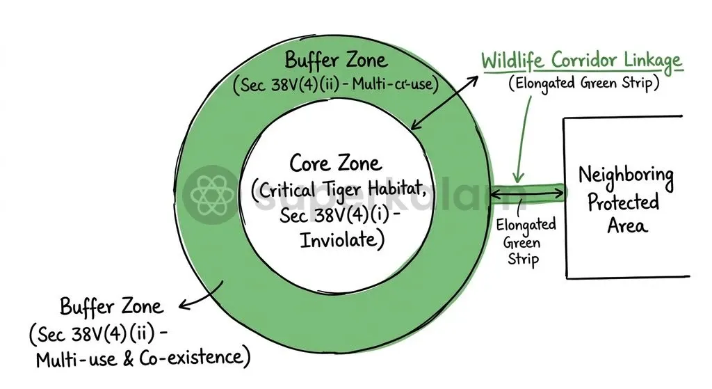Statutory zoning models under Section 38V aim to secure core tiger habitats while maintaining multi-use peripheral buffers.
