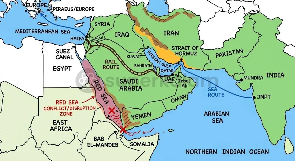Disruptions at maritime chokepoints have forced commercial vessels into costly rerouting while stalling the India-Middle East-Europe Economic Corridor.
