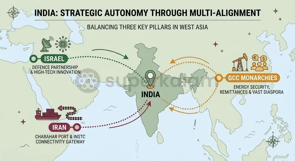 India's 'Think West' doctrine relies on balancing defence ties with Israel, energy and diaspora interests in the GCC, and connectivity via Iran's Chabahar Port.