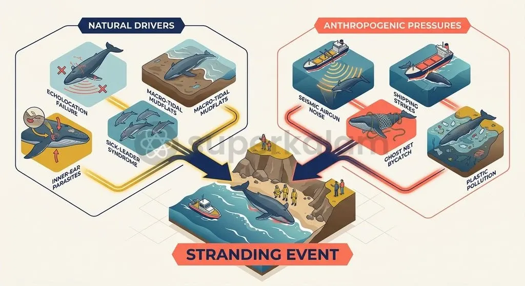 Cetacean strandings result from a complex interaction of physiological disorientation, extreme tidal topography, and human marine interference.