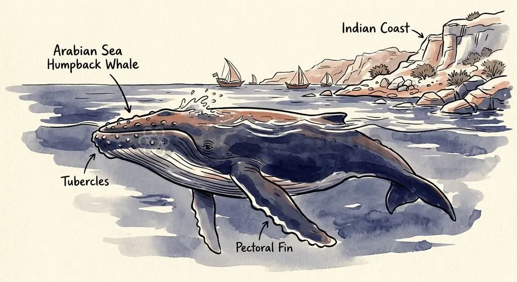 The non-migratory Arabian Sea humpback whale subpopulation numbers under 250 individuals and faces severe survival pressures from coastal shipping routes.