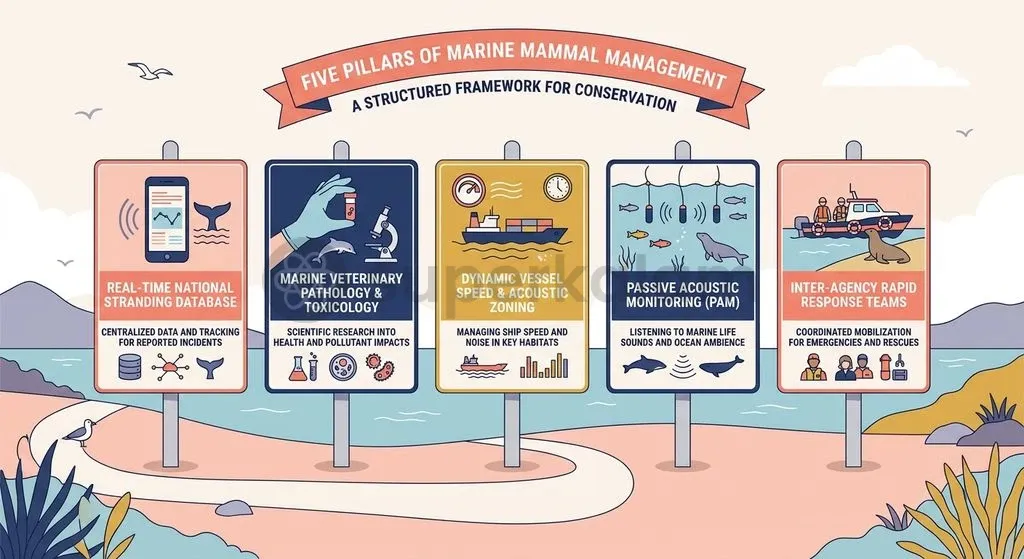 A robust marine mammal rescue framework integrates rapid veterinary necropsies, acoustic zoning, and inter-agency field task forces.