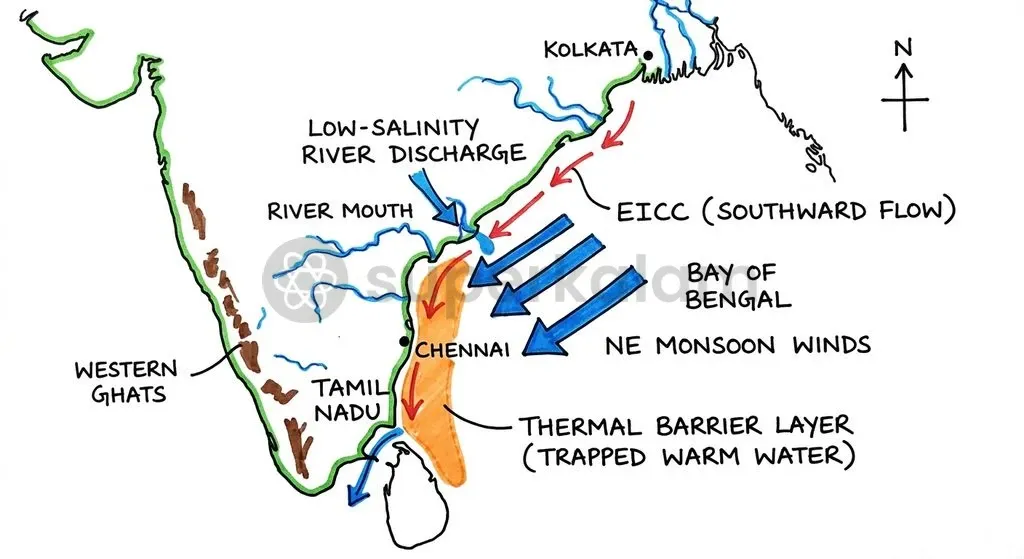 The seasonal reversal of the East India Coastal Current transports low-salinity freshwater southward, creating an upper-ocean barrier layer that sustains sea-surface warmth along Tamil Nadu's coast.