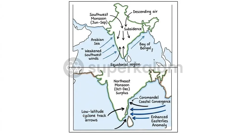 During El Niño autumns, the southward shift of the convective zone directs low-pressure tracks and easterly anomalies straight into southern peninsular India.