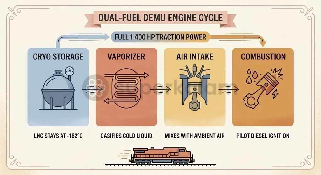The dual-fuel DEMU system blends manifold-injected natural gas with a pilot diesel compression ignition charge to maintain engine output while cutting emissions.