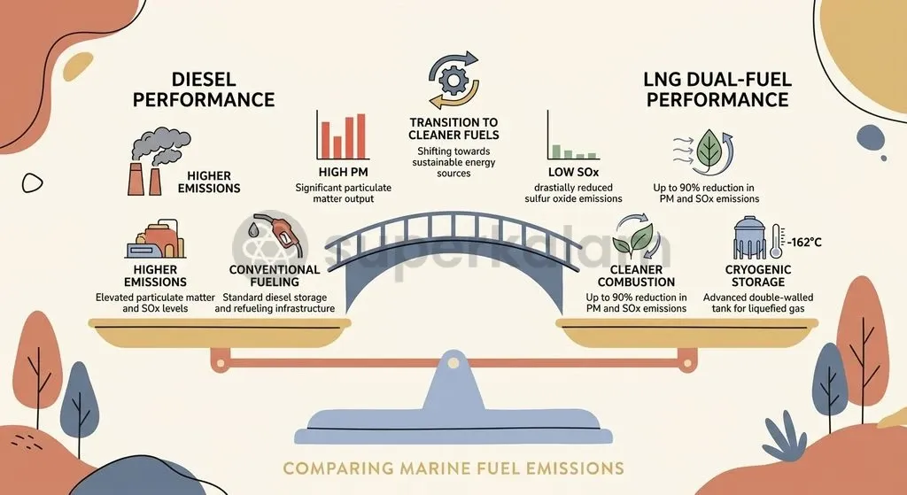 Dual-fuel LNG substitution reduces particulate matter and sulfur oxides by up to 90%, balanced against the requirement for vacuum-insulated cryogenic bunkering facilities.