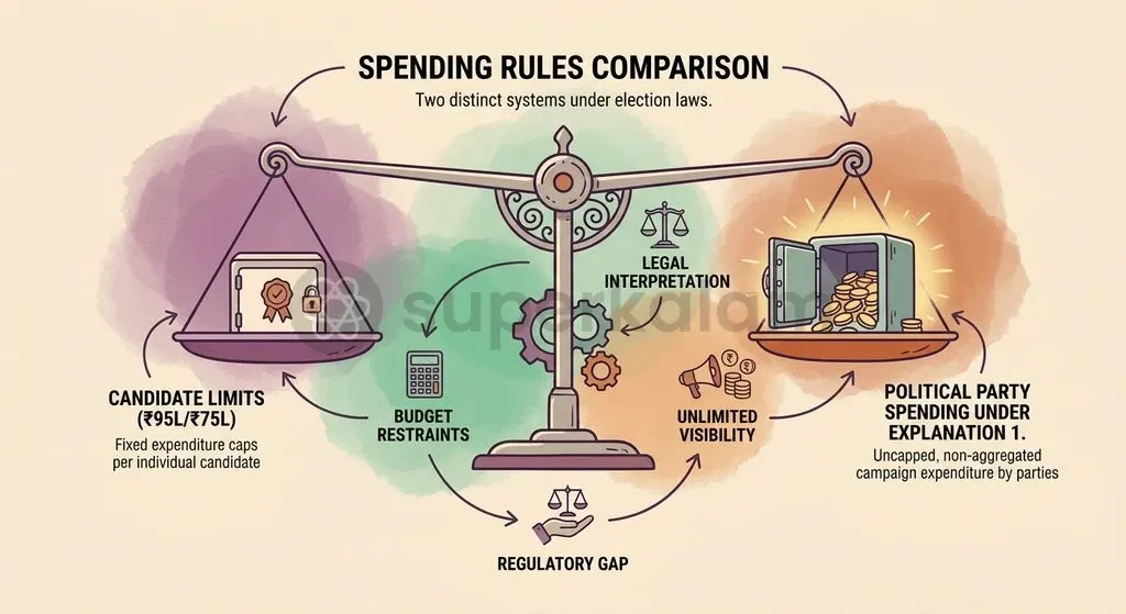 A comparison schematic contrasting individual candidate expenditure limits with uncapped political party spending under Section 77.
