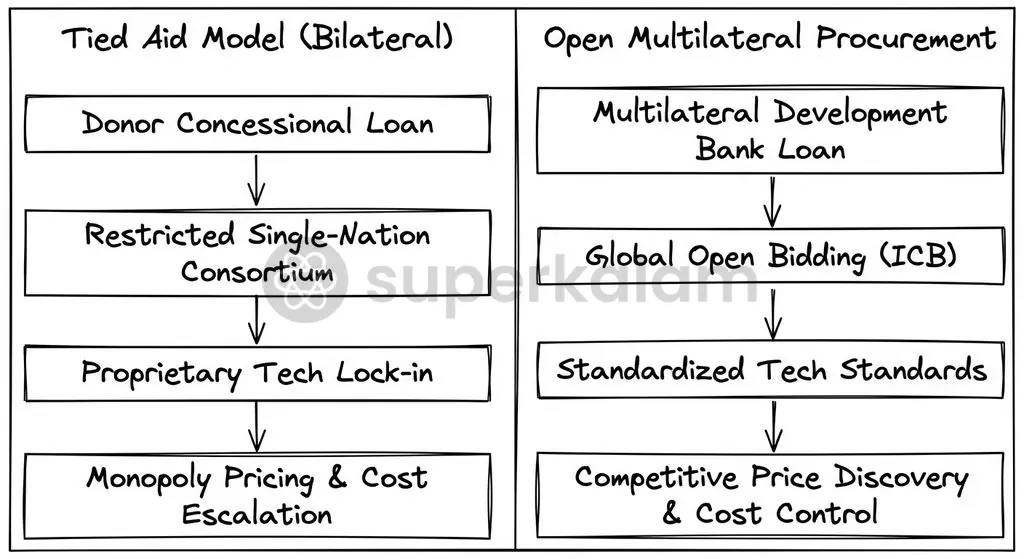 Tied aid conditions can eliminate competitive price discovery, creating vendor monopolies for core technical components.