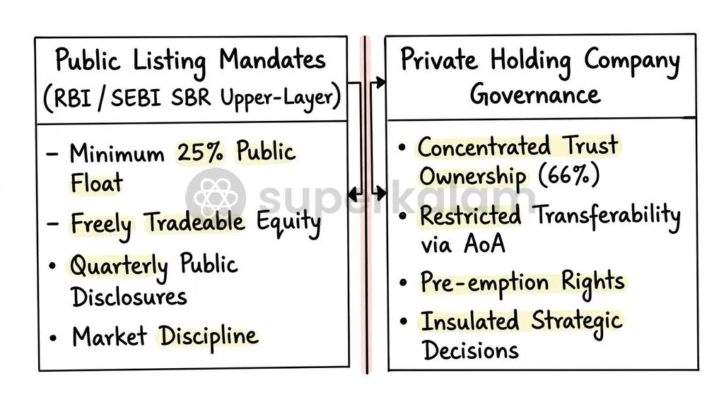 Upper-Layer listing mandates require reconciling SEBI public float requirements with restrictive private company charters.