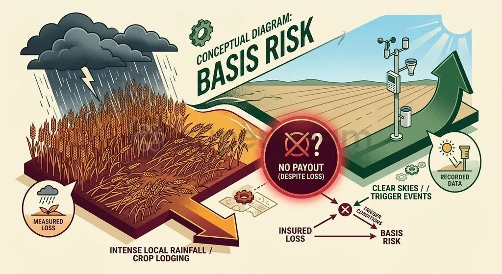 Basis risk arises when regional weather stations fail to capture hyper-local climatic disasters experienced by individual farming clusters.