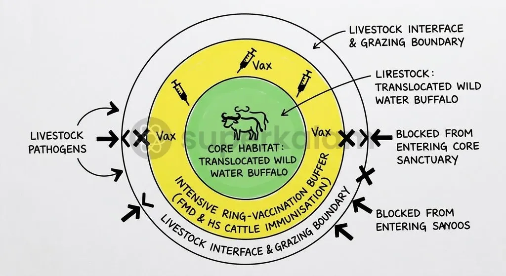 Prophylactic ring-vaccination creates an essential immunological barrier between fringe domestic cattle and vulnerable wild bovids.