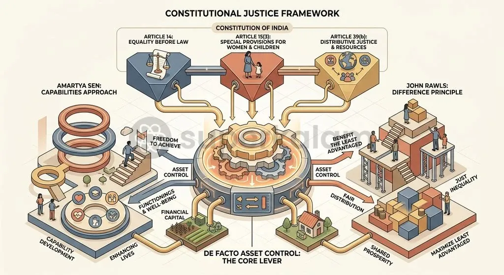 Constitutional mandates under Articles 14, 15(3), and 39(b) align with distributive justice frameworks to justify asset parity.