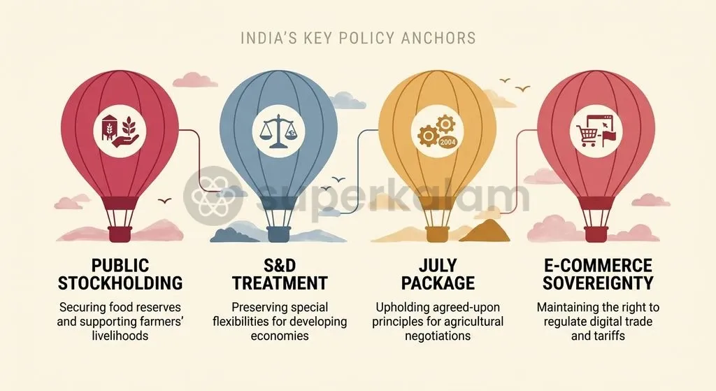 India prioritizes food security safeguards and Special and Differential Treatment over non-mandated plurilateral negotiations.
